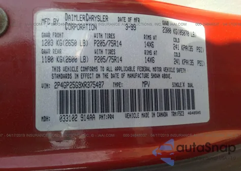 1999 Plymouth Voyager из США, поврежденный, VIN 2P4GP25G9XR375487